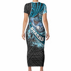 Cronulla Sutherland Sharks Rugby Short Sleeve Bodycon Dress Tribal Polynesian Power Art - Lightning Mascot
