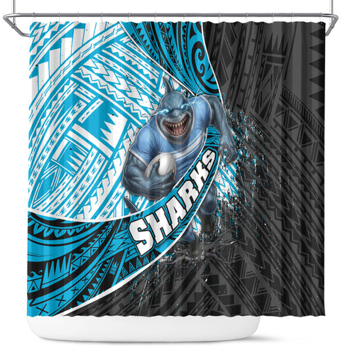 Cronulla Sutherland Sharks Rugby Shower Curtain Tribal Polynesian Power Art - Lightning Mascot