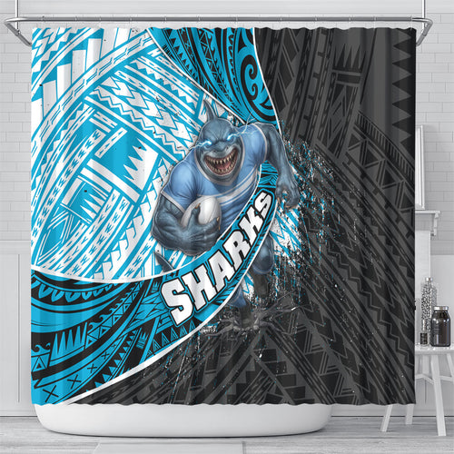 Cronulla Sutherland Sharks Rugby Shower Curtain Tribal Polynesian Power Art - Lightning Mascot