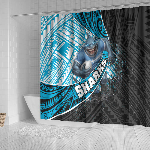 Cronulla Sutherland Sharks Rugby Shower Curtain Tribal Polynesian Power Art - Lightning Mascot