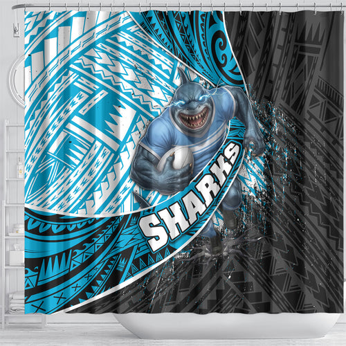 Cronulla Sutherland Sharks Rugby Shower Curtain Tribal Polynesian Power Art - Lightning Mascot
