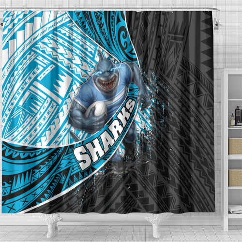 Cronulla Sutherland Sharks Rugby Shower Curtain Tribal Polynesian Power Art - Lightning Mascot