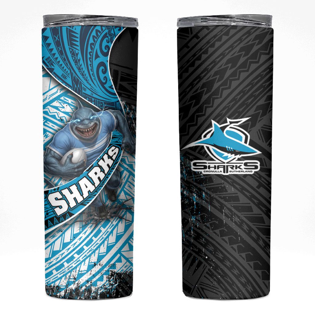 Cronulla Sutherland Sharks Rugby Skinny Tumbler Tribal Polynesian Power Art - Lightning Mascot