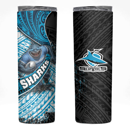 Cronulla Sutherland Sharks Rugby Skinny Tumbler Tribal Polynesian Power Art - Lightning Mascot