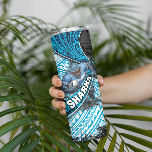 Cronulla Sutherland Sharks Rugby Skinny Tumbler Tribal Polynesian Power Art - Lightning Mascot