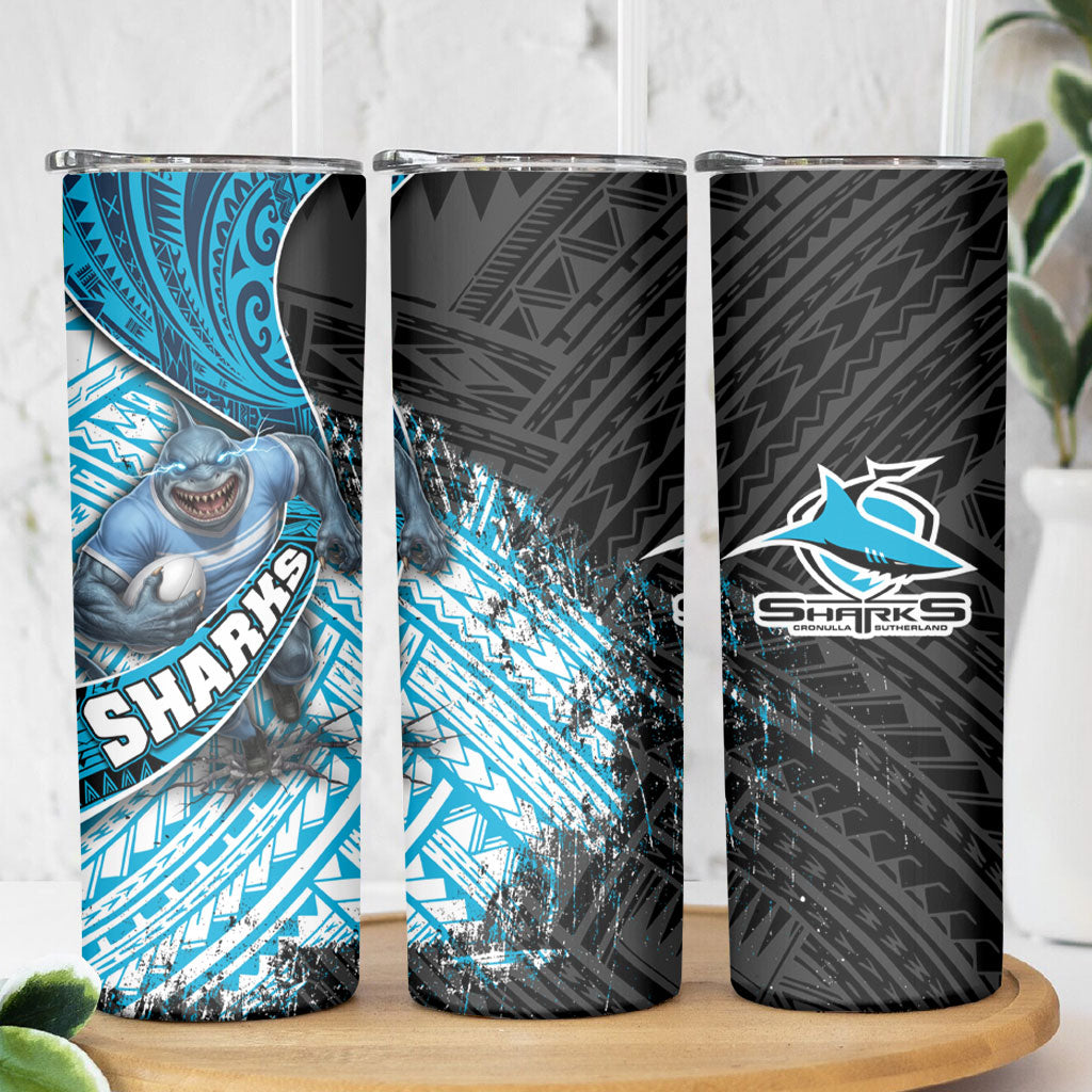 Cronulla Sutherland Sharks Rugby Skinny Tumbler Tribal Polynesian Power Art - Lightning Mascot