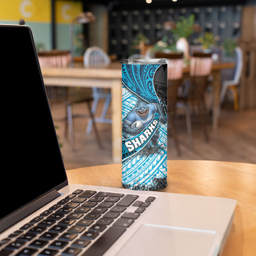 Cronulla Sutherland Sharks Rugby Skinny Tumbler Tribal Polynesian Power Art - Lightning Mascot