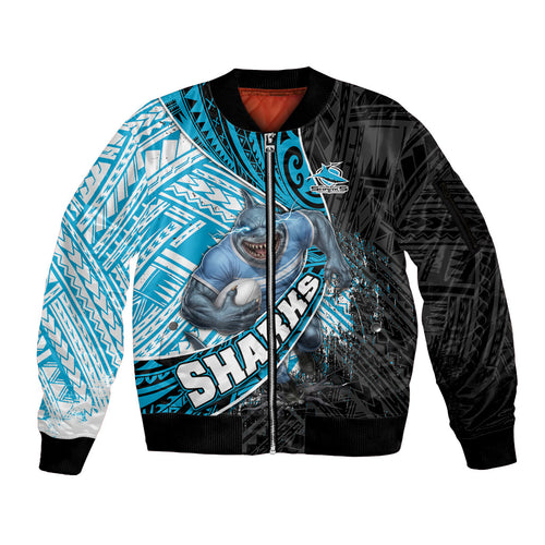 Cronulla Sutherland Sharks Rugby Sleeve Zip Bomber Jacket Tribal Polynesian Power Art - Lightning Mascot