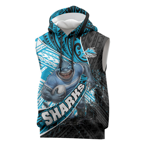 Cronulla Sutherland Sharks Rugby Sleeveless Hoodie Tribal Polynesian Power Art - Lightning Mascot