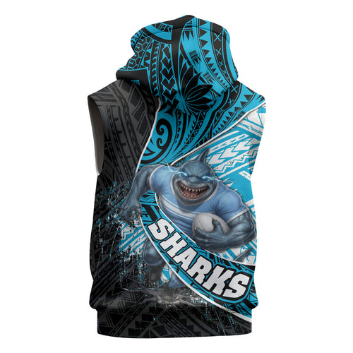 Cronulla Sutherland Sharks Rugby Sleeveless Hoodie Tribal Polynesian Power Art - Lightning Mascot