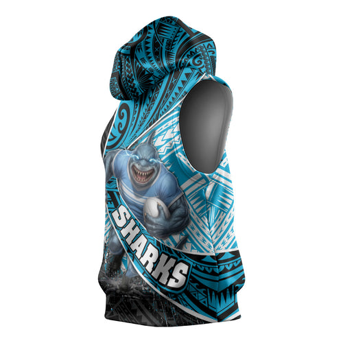 Cronulla Sutherland Sharks Rugby Sleeveless Hoodie Tribal Polynesian Power Art - Lightning Mascot