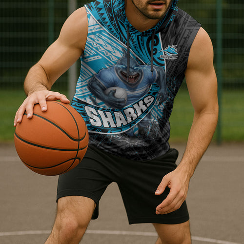 Cronulla Sutherland Sharks Rugby Sleeveless Hoodie Tribal Polynesian Power Art - Lightning Mascot