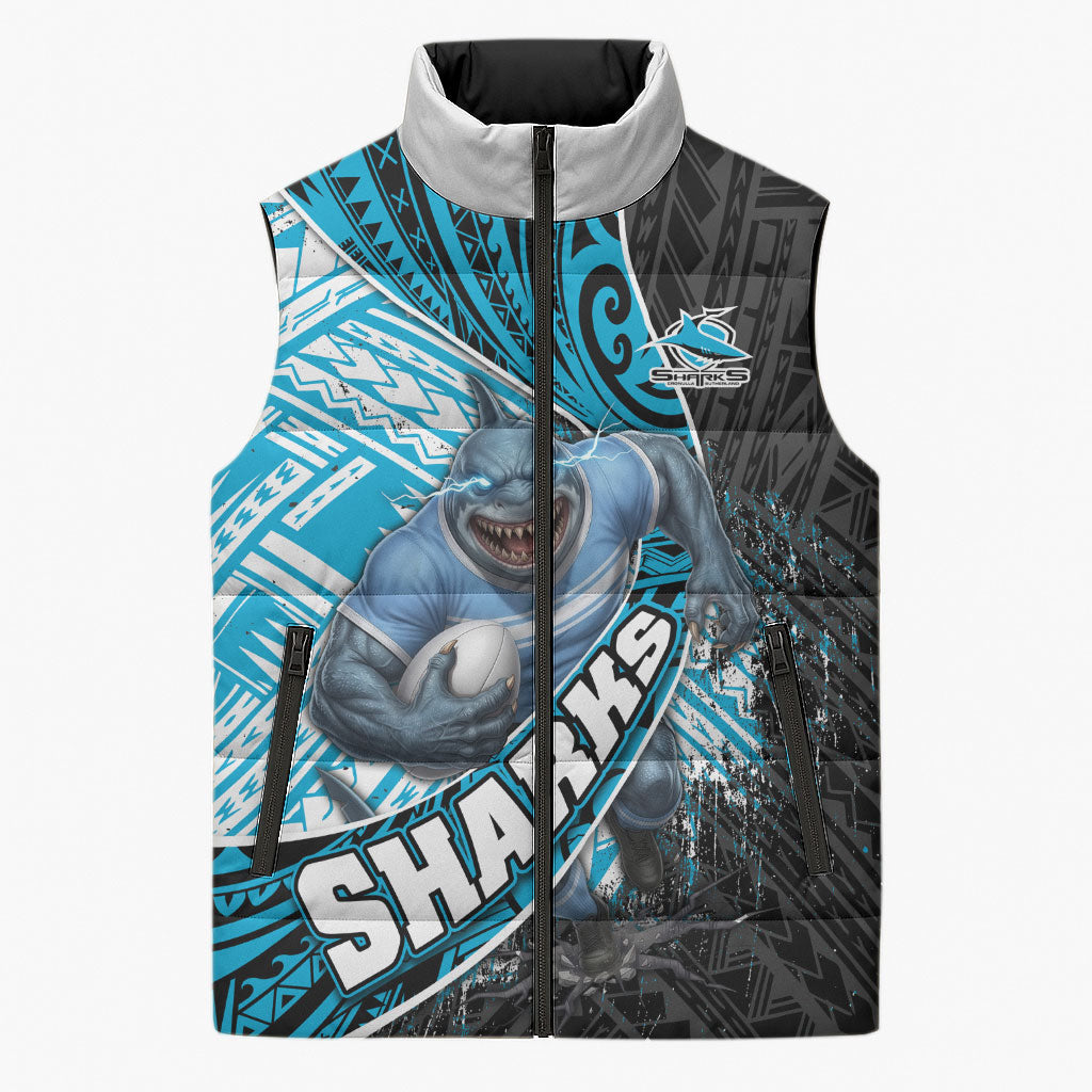 Cronulla Sutherland Sharks Rugby Sleeveless Puffer Jacket Tribal Polynesian Power Art - Lightning Mascot