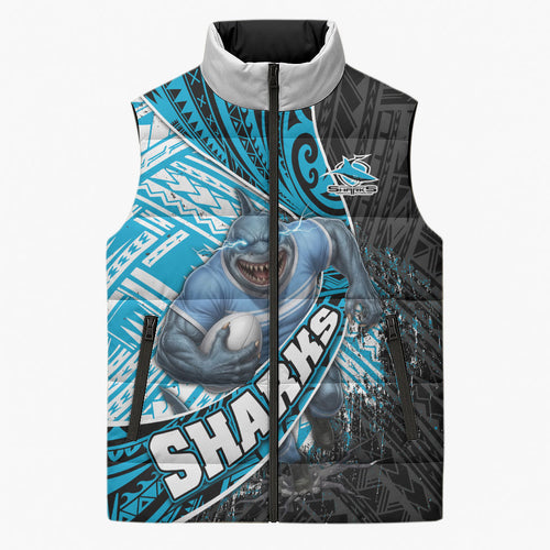 Cronulla Sutherland Sharks Rugby Sleeveless Puffer Jacket Tribal Polynesian Power Art - Lightning Mascot