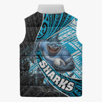 Cronulla Sutherland Sharks Rugby Sleeveless Puffer Jacket Tribal Polynesian Power Art - Lightning Mascot