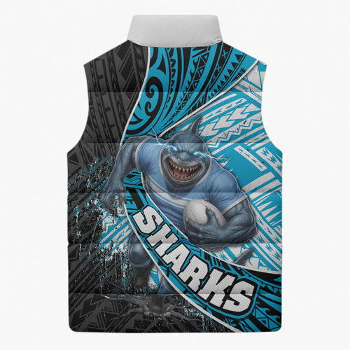 Cronulla Sutherland Sharks Rugby Sleeveless Puffer Jacket Tribal Polynesian Power Art - Lightning Mascot