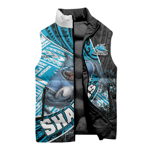 Cronulla Sutherland Sharks Rugby Sleeveless Puffer Jacket Tribal Polynesian Power Art - Lightning Mascot