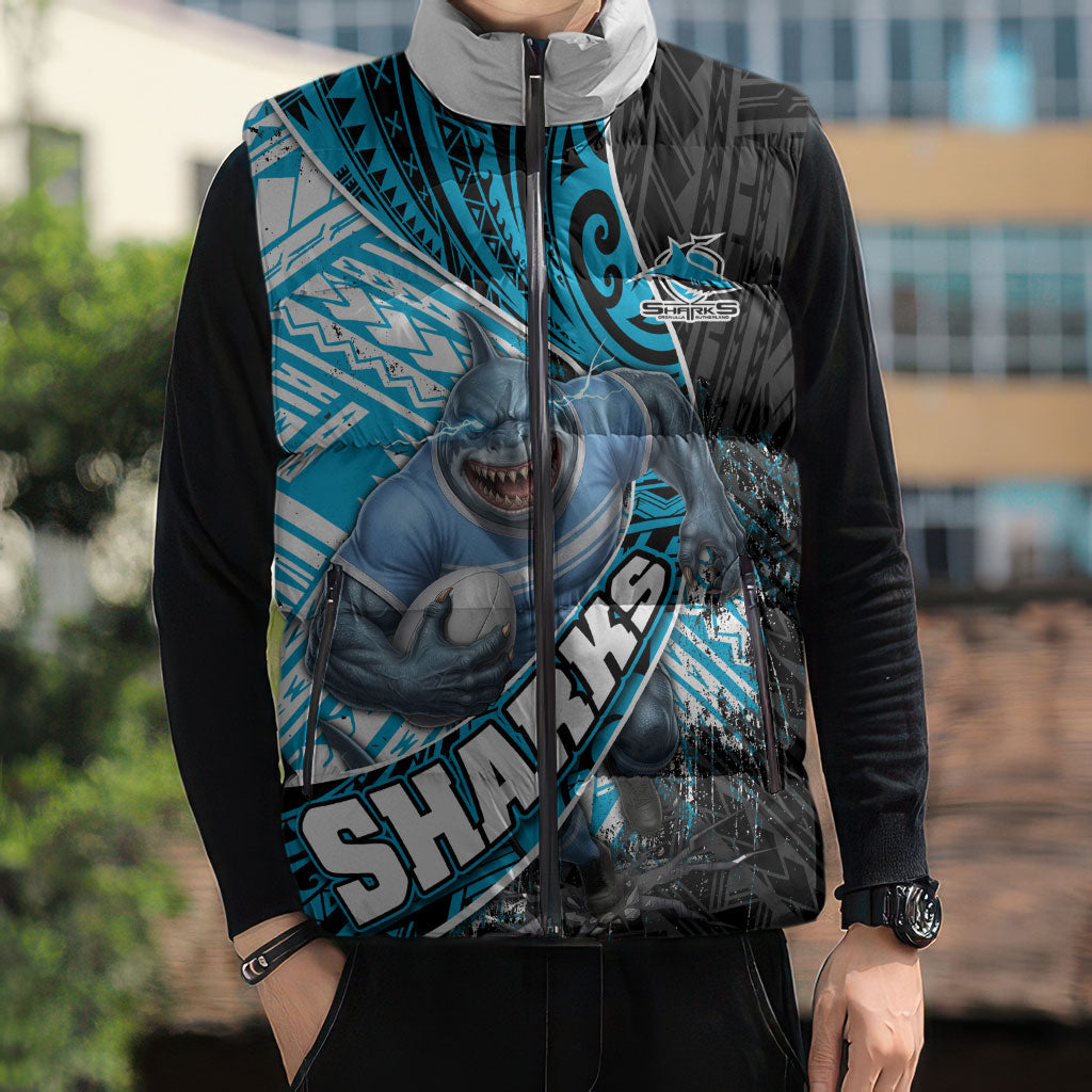 Cronulla Sutherland Sharks Rugby Sleeveless Puffer Jacket Tribal Polynesian Power Art - Lightning Mascot