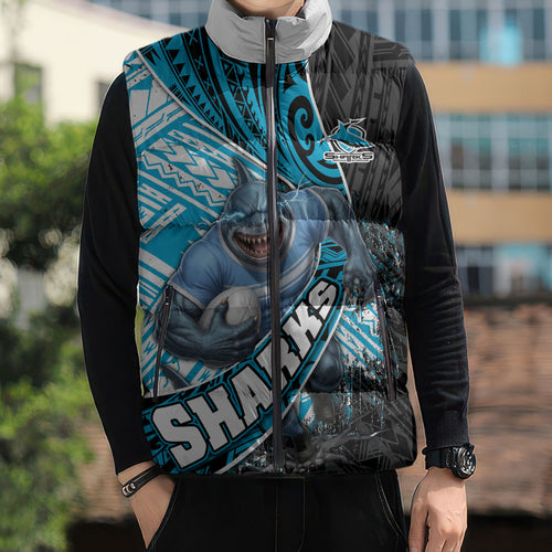 Cronulla Sutherland Sharks Rugby Sleeveless Puffer Jacket Tribal Polynesian Power Art - Lightning Mascot