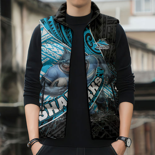 Cronulla Sutherland Sharks Rugby Sleeveless Puffer Jacket Tribal Polynesian Power Art - Lightning Mascot