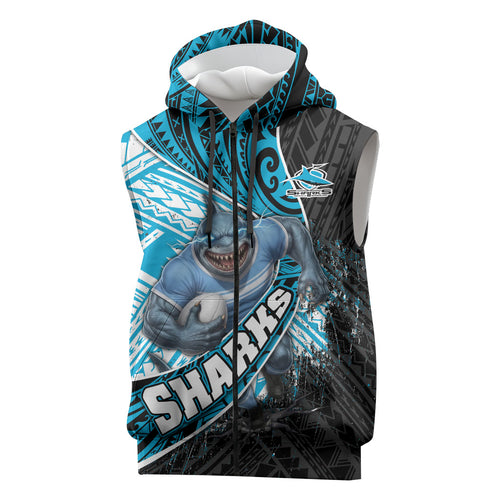 Cronulla Sutherland Sharks Rugby Sleeveless Zip Hoodie Tribal Polynesian Power Art - Lightning Mascot