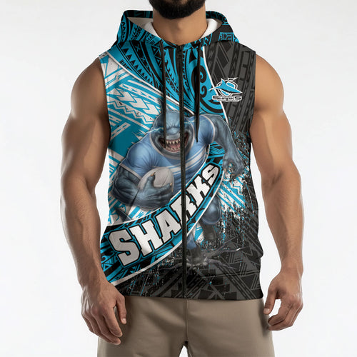 Cronulla Sutherland Sharks Rugby Sleeveless Zip Hoodie Tribal Polynesian Power Art - Lightning Mascot