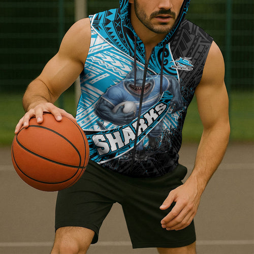 Cronulla Sutherland Sharks Rugby Sleeveless Zip Hoodie Tribal Polynesian Power Art - Lightning Mascot