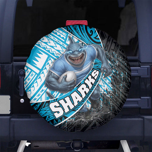 Cronulla Sutherland Sharks Rugby Spare Tire Cover Tribal Polynesian Power Art - Lightning Mascot