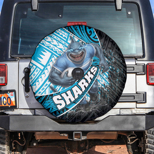 Cronulla Sutherland Sharks Rugby Spare Tire Cover Tribal Polynesian Power Art - Lightning Mascot
