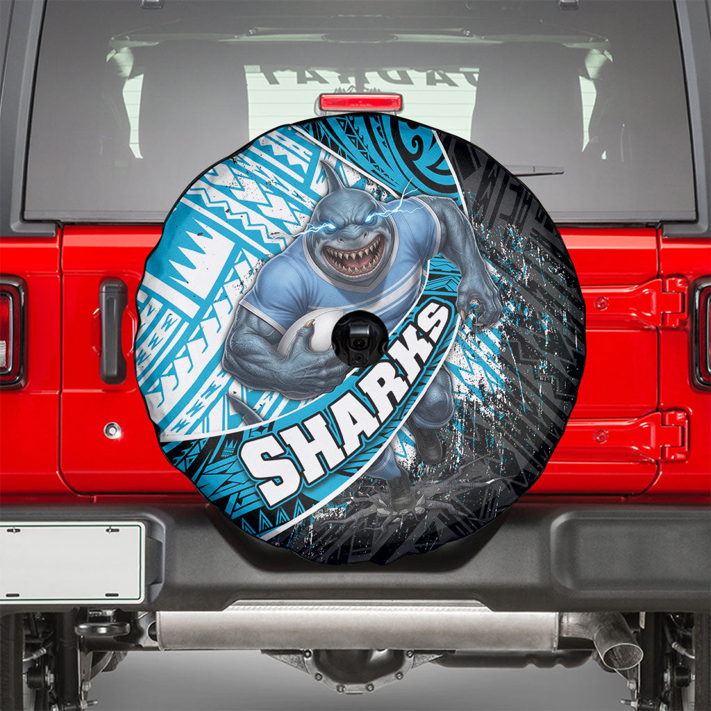 Cronulla Sutherland Sharks Rugby Spare Tire Cover Tribal Polynesian Power Art - Lightning Mascot