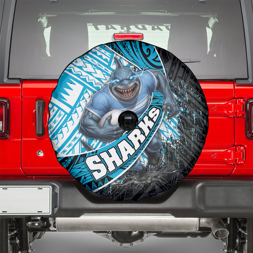 Cronulla Sutherland Sharks Rugby Spare Tire Cover Tribal Polynesian Power Art - Lightning Mascot