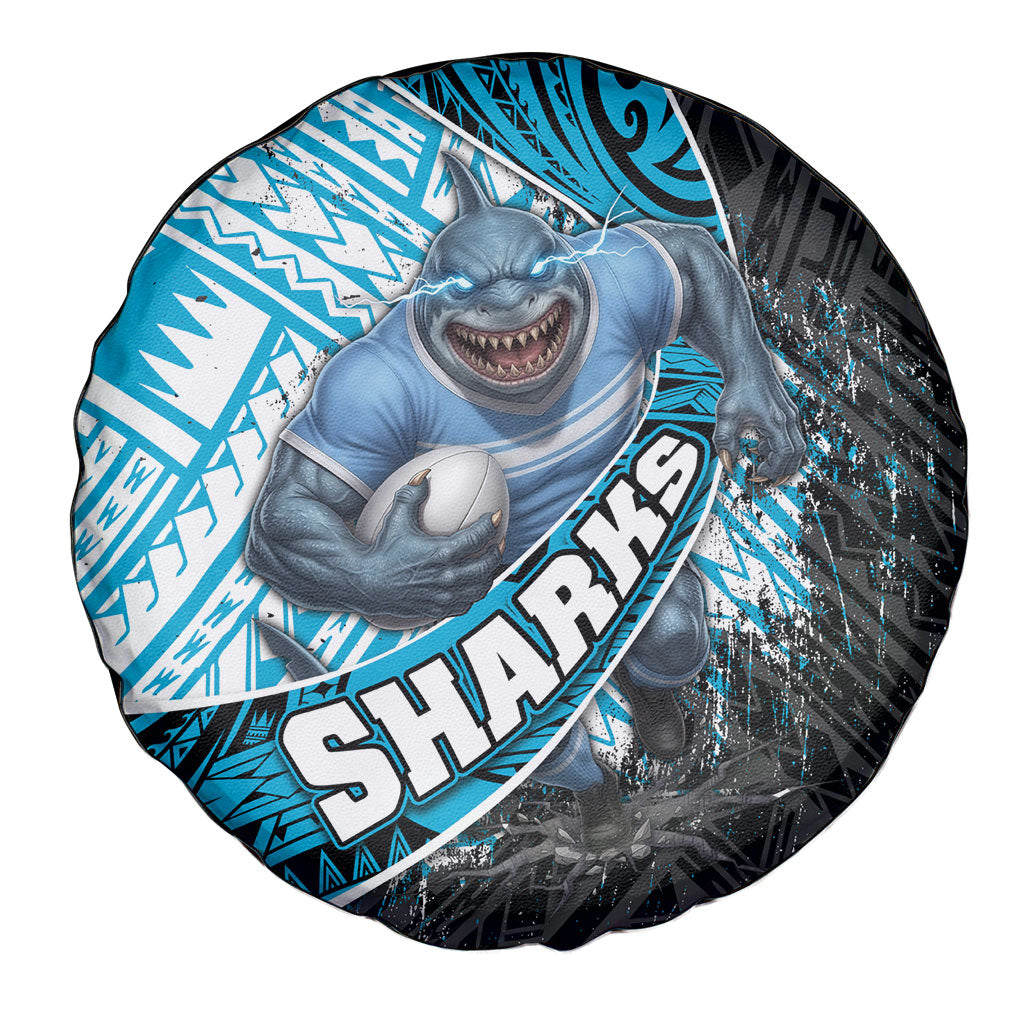 Cronulla Sutherland Sharks Rugby Spare Tire Cover Tribal Polynesian Power Art - Lightning Mascot