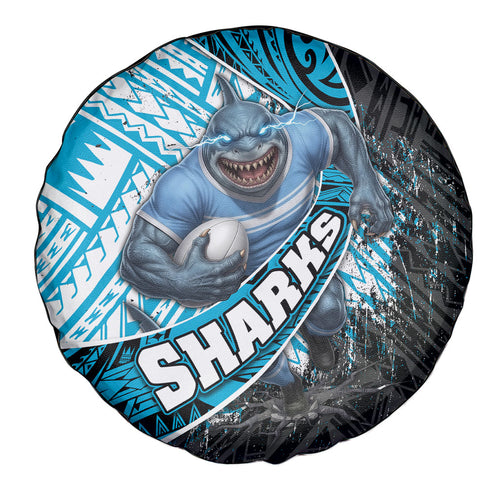 Cronulla Sutherland Sharks Rugby Spare Tire Cover Tribal Polynesian Power Art - Lightning Mascot