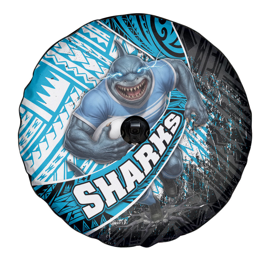 Cronulla Sutherland Sharks Rugby Spare Tire Cover Tribal Polynesian Power Art - Lightning Mascot