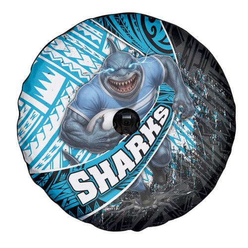 Cronulla Sutherland Sharks Rugby Spare Tire Cover Tribal Polynesian Power Art - Lightning Mascot