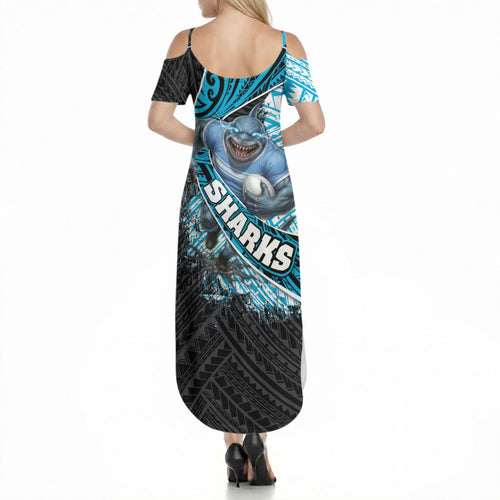 Cronulla Sutherland Sharks Rugby Summer Maxi Dress Tribal Polynesian Power Art - Lightning Mascot