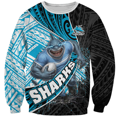 Cronulla Sutherland Sharks Rugby Sweatshirt Tribal Polynesian Power Art - Lightning Mascot