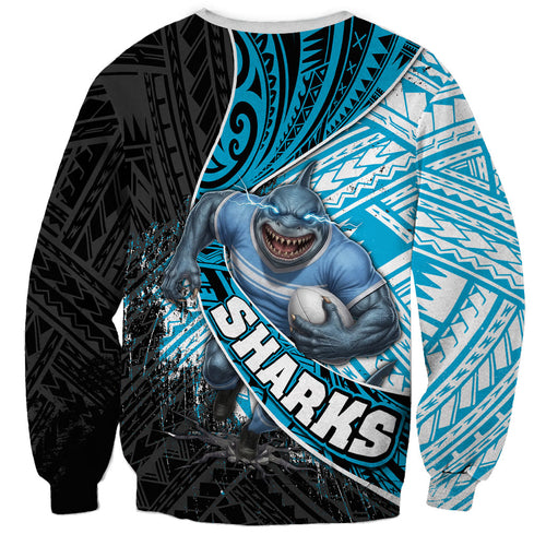 Cronulla Sutherland Sharks Rugby Sweatshirt Tribal Polynesian Power Art - Lightning Mascot