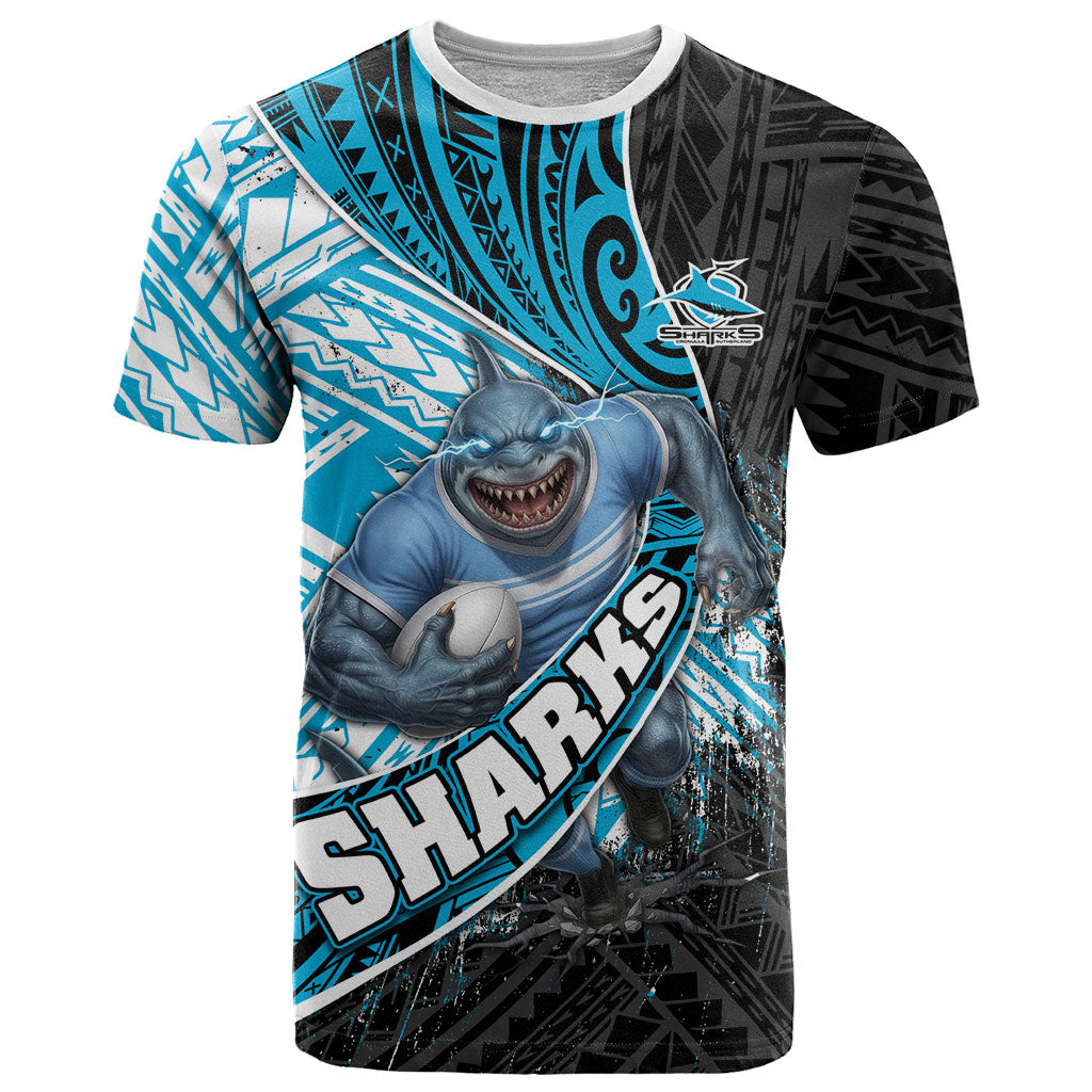 Cronulla Sutherland Sharks Rugby T Shirt Tribal Polynesian Power Art - Lightning Mascot