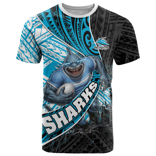 Cronulla Sutherland Sharks Rugby T Shirt Tribal Polynesian Power Art - Lightning Mascot