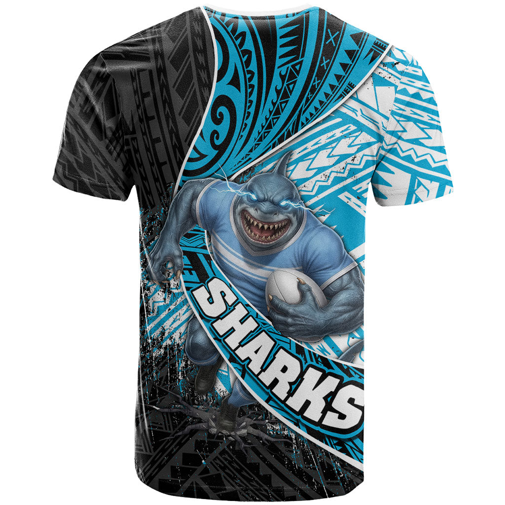 Cronulla Sutherland Sharks Rugby T Shirt Tribal Polynesian Power Art - Lightning Mascot