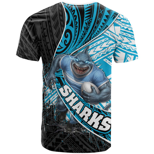 Cronulla Sutherland Sharks Rugby T Shirt Tribal Polynesian Power Art - Lightning Mascot