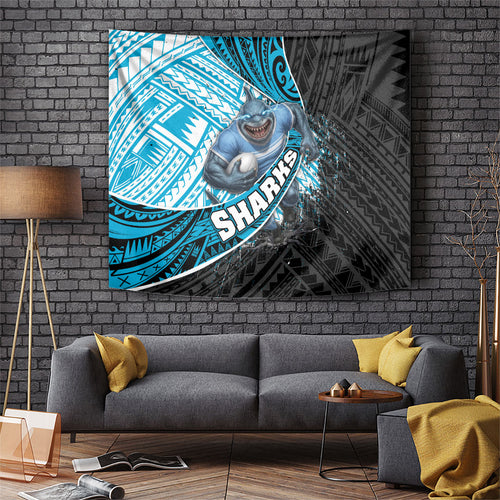Cronulla Sutherland Sharks Rugby Tapestry Tribal Polynesian Power Art - Lightning Mascot