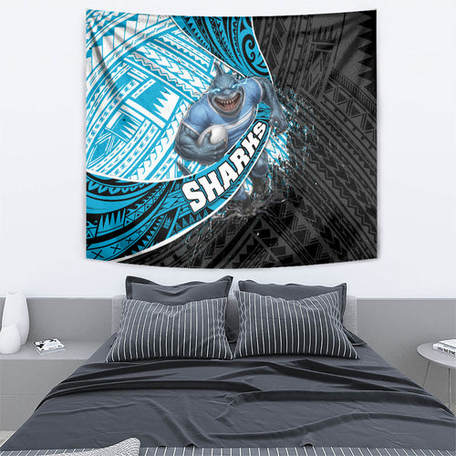 Cronulla Sutherland Sharks Rugby Tapestry Tribal Polynesian Power Art - Lightning Mascot
