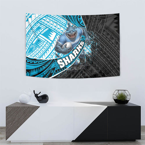 Cronulla Sutherland Sharks Rugby Tapestry Tribal Polynesian Power Art - Lightning Mascot