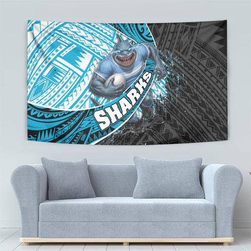 Cronulla Sutherland Sharks Rugby Tapestry Tribal Polynesian Power Art - Lightning Mascot