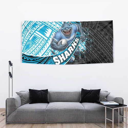 Cronulla Sutherland Sharks Rugby Tapestry Tribal Polynesian Power Art - Lightning Mascot