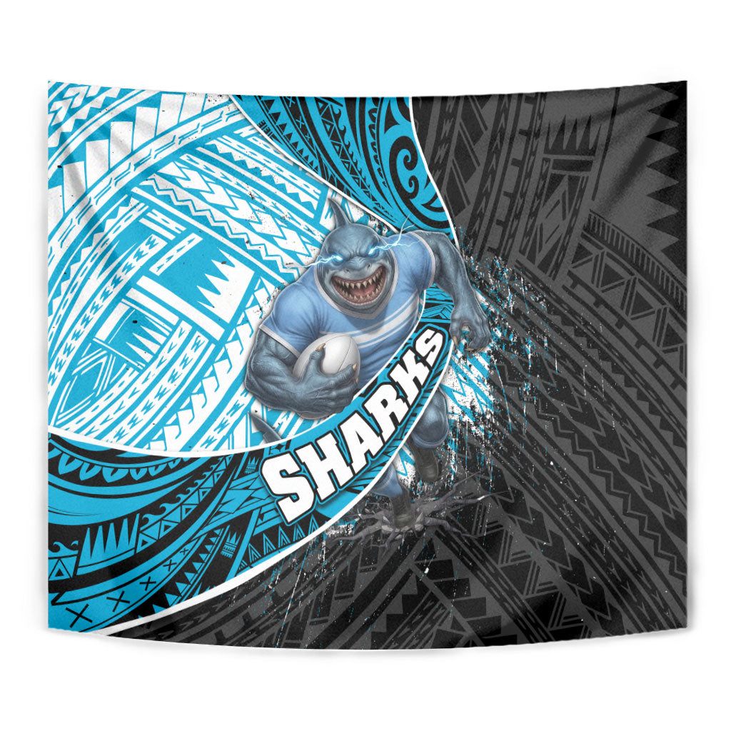 Cronulla Sutherland Sharks Rugby Tapestry Tribal Polynesian Power Art - Lightning Mascot