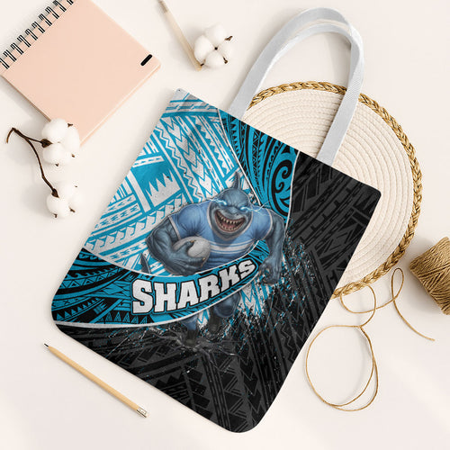Cronulla Sutherland Sharks Rugby Tote Bag Tribal Polynesian Power Art - Lightning Mascot