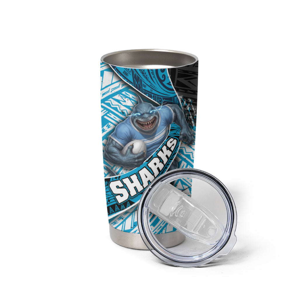 Cronulla Sutherland Sharks Rugby Tumbler Cup Tribal Polynesian Power Art - Lightning Mascot